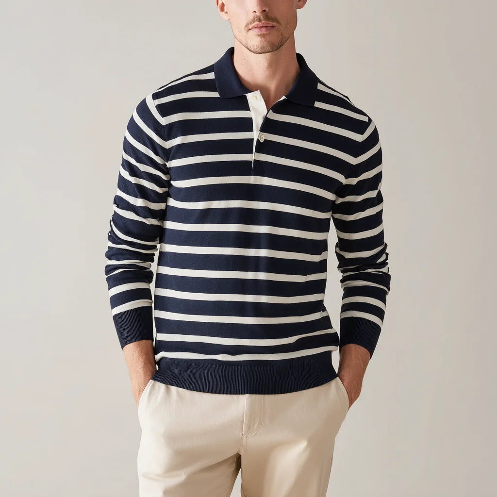 Men's Striped Cotton-Blend Polo Sweater Full Sleeve Summer Knitwear