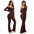Women Long Sleeves Off-Shoulder Workout Sports Romper Gym Bodysuit Fitness Yoga Jumpsuit with Long Flare Pants