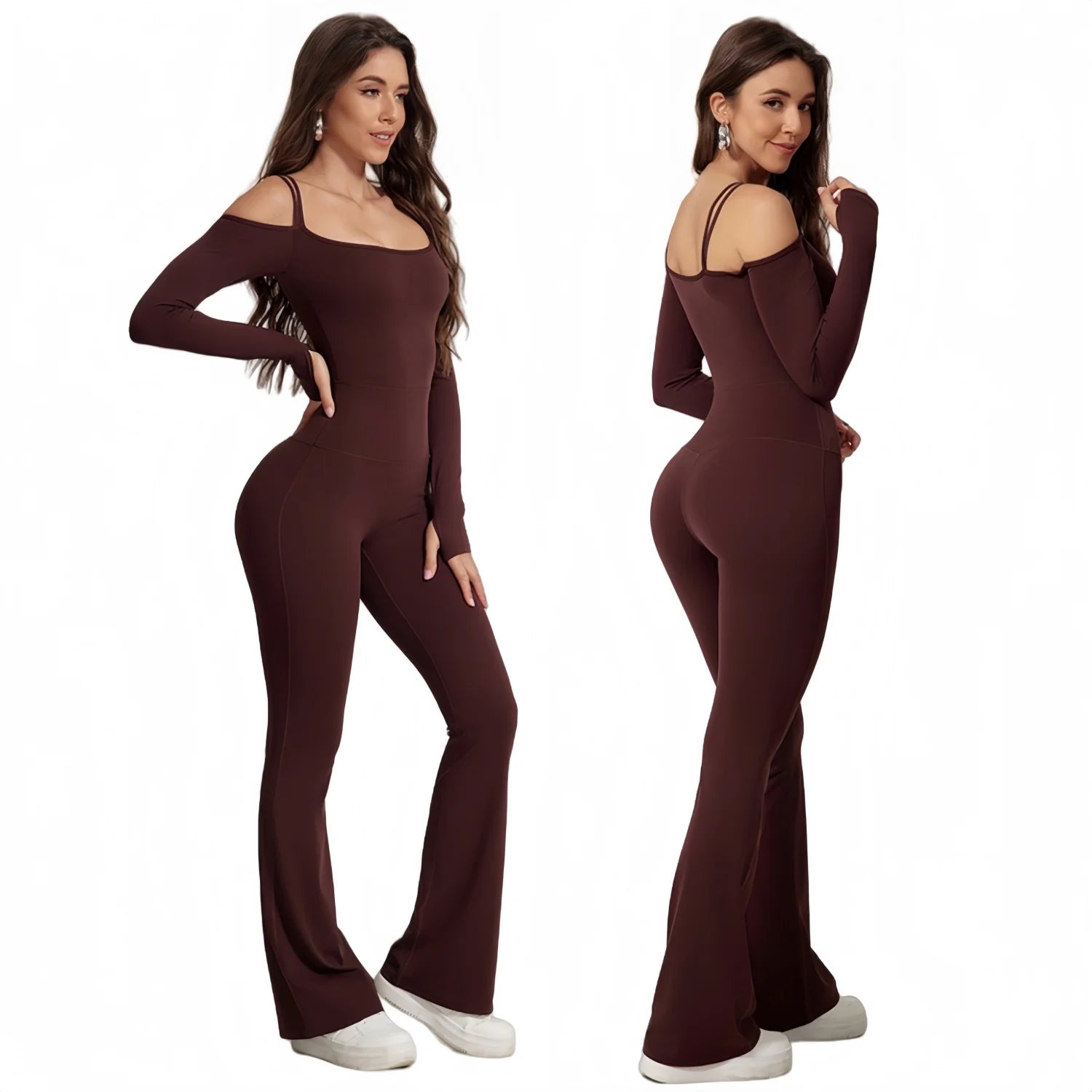 Women Long Sleeves Off-Shoulder Workout Sports Romper Gym Bodysuit Fitness Yoga Jumpsuit with Long Flare Pants