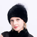 MWFur  Winter Hat & Scarf Rex Rabbit Fur Scarf with Silver Fox Pompoms Knit Rex Rabbit Hair Scarf With Fox Fur Balls
