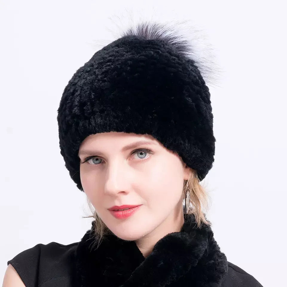 MWFur  Winter Hat & Scarf Rex Rabbit Fur Scarf with Silver Fox Pompoms Knit Rex Rabbit Hair Scarf With Fox Fur Balls