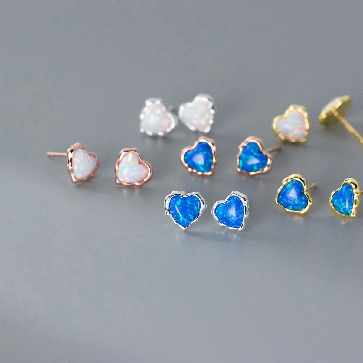 Fashion Jewelry 925 Sterling Silver Earrings Heart Shape White Blue Opal Gold Plated Stud Earrings for Women Valentine's Day