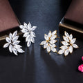 Exquisite Silver Plated Leaf Shiny Full Marquise Cut Cubic Zirconia Stone Women Cluster Stud Earrings for Party Bridal Jewelry
