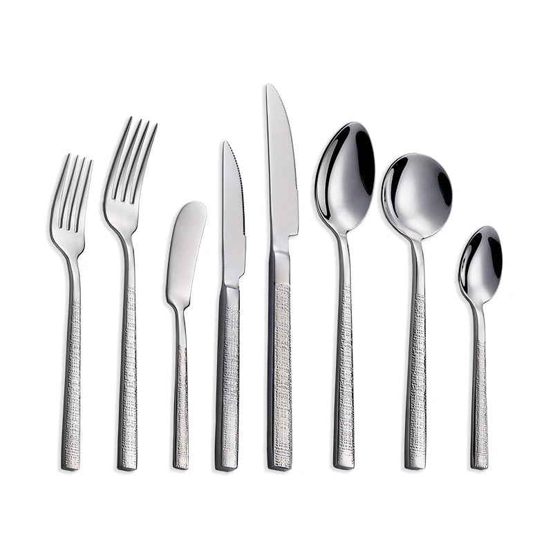 Mirror Silver Thick Heavy Hammered Handle Reusable Stainless Steel 18/10 European Style Wedding Cutlery Set for Restaurants