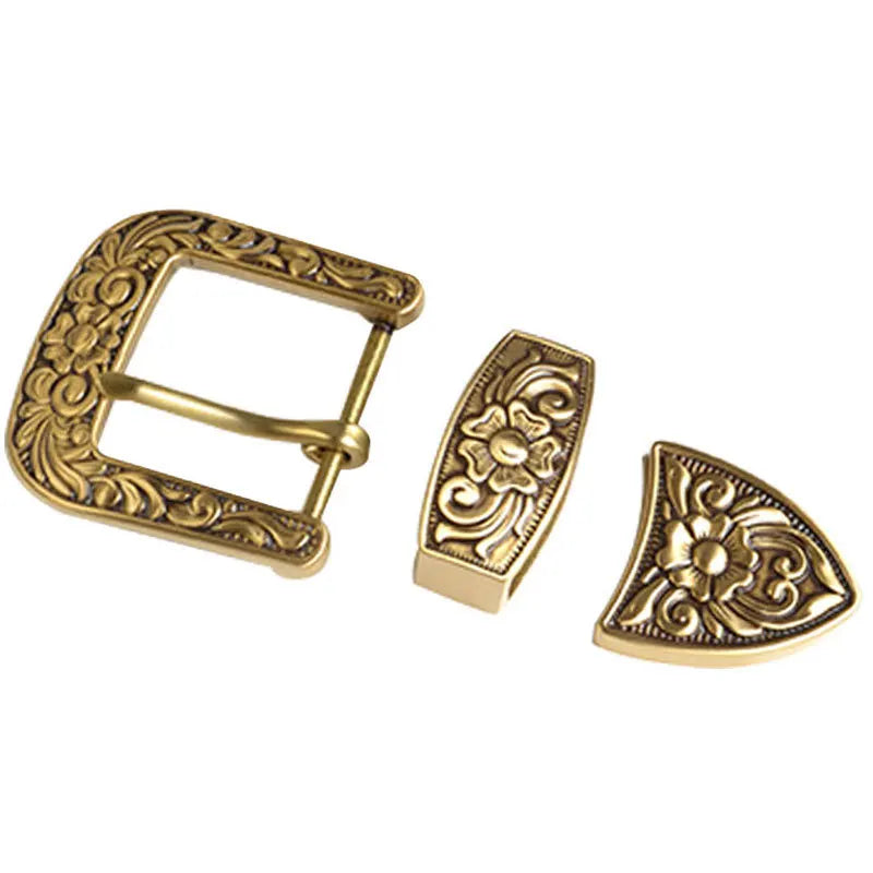 (40mm) Wide Western Pure Brass 3-Piece Horseshoe Vintage Old Cowgirl/Cowboy Belt Buckle Keeper Tip Set