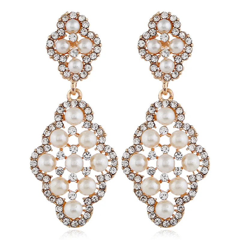 New Trendy Hollowout  Women Fashion Metal Gold Plated Imitation Pearl Jewelry Drop Earrings Woman