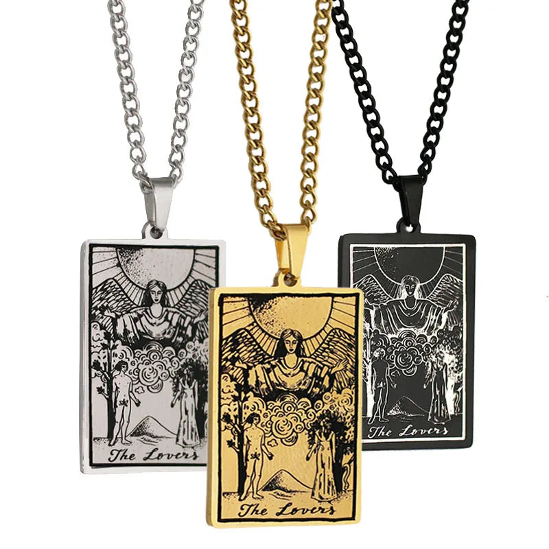 Fashion Hot Sale Stainless Steel Tarot Cards Square Pendant Necklace Chic the Lovers Amulet Couple Men Women Necklace