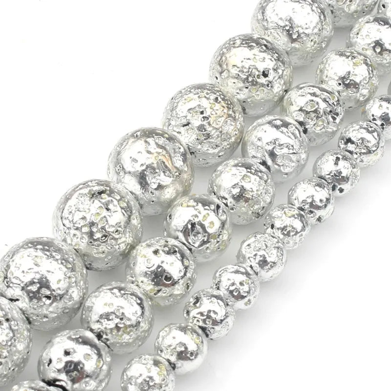 4-10MM round Volcanic Rock Lava Stone Beads Electroplated Silver Color for Needlework Jewelry Making