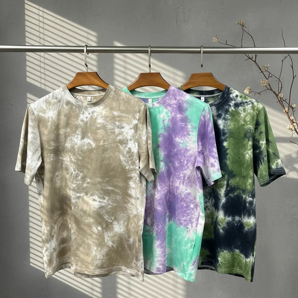 Low Cost Promotional Apparel Stock Tie Dye Print Men's Heavyweight Regular Fit 100% Cotton Knitted Crew Neck  Breathable T Shirt