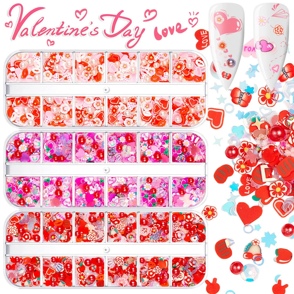 12 Grids 3D Valentine's Day Nail Art Decorations Various Shape Special Design Colorful Soft Clay Slices for DIY Craft Making