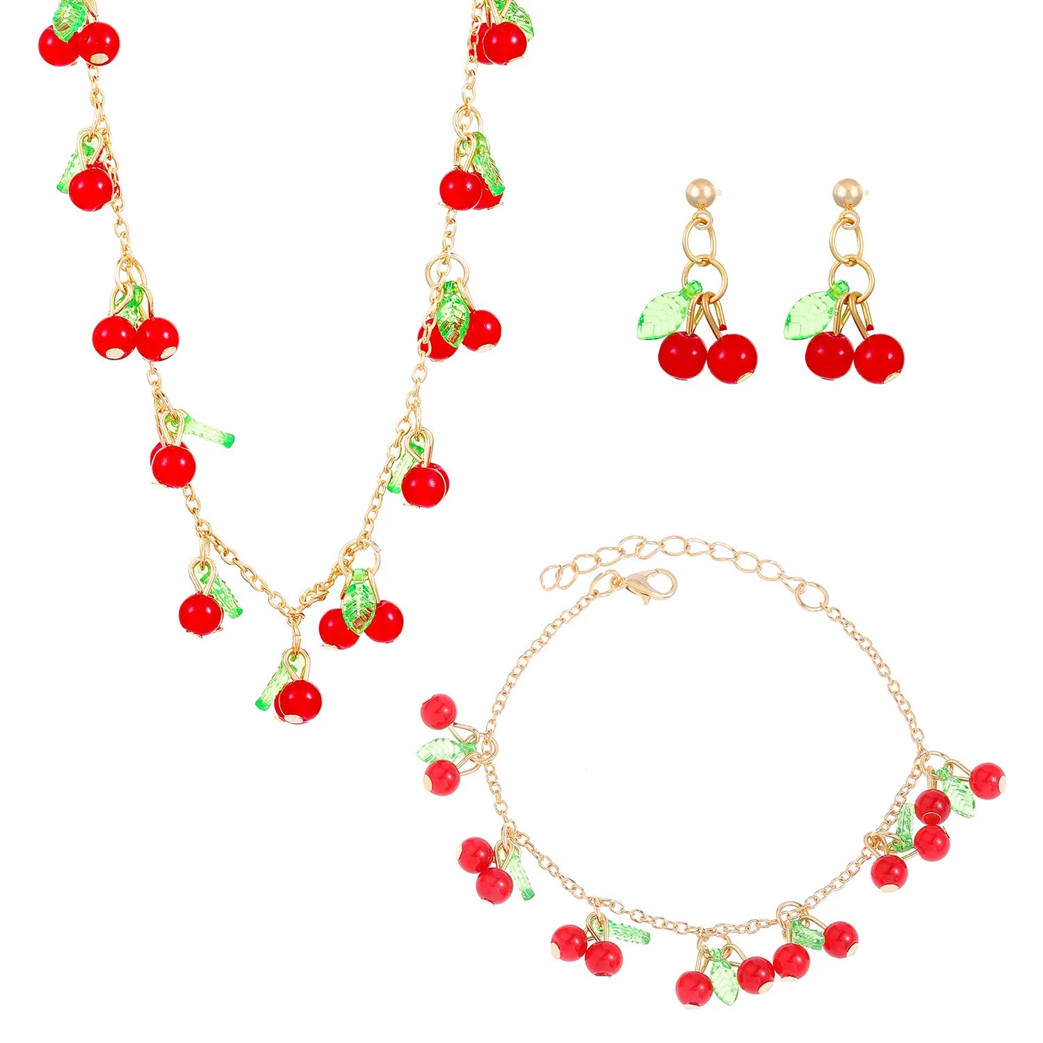Exquisite Red Cherry Necklace Bracelet Earring Women Girl Cute Acrylic Strawberry Daily Fashion Party Birthday Gift Jewelry Set
