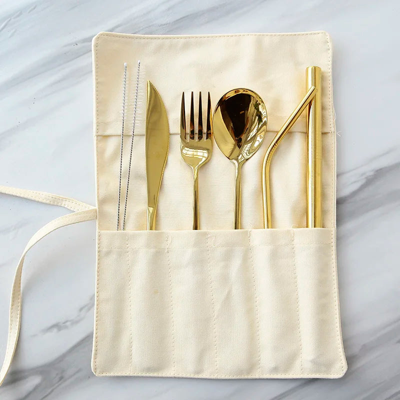 Travel Stainless Steel Reusable Golden Flatware Portable Outdoor Cutlery Set With Pocket Bag Case