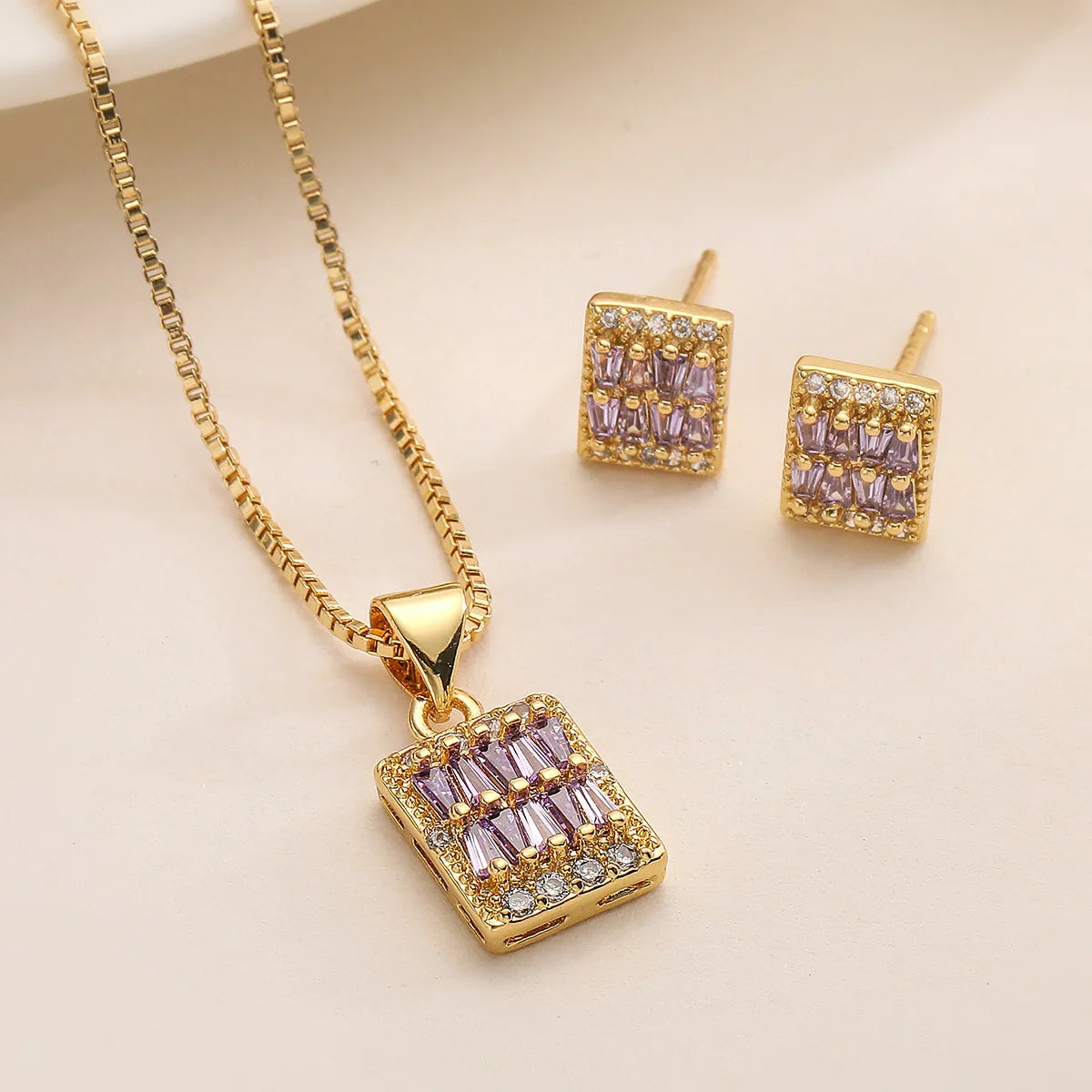 Geometric Gold Plated Jewelry Set Cubic Zirconia Accented Square Necklace & Earrings Modern Minimalist Bridal Jewelry Gift