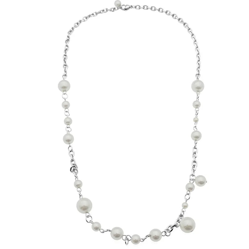 AA01558 Hot Sale Imitation Pearl Chain Necklace Chain Link Necklace Stainless Steel Pearl Beads Necklace