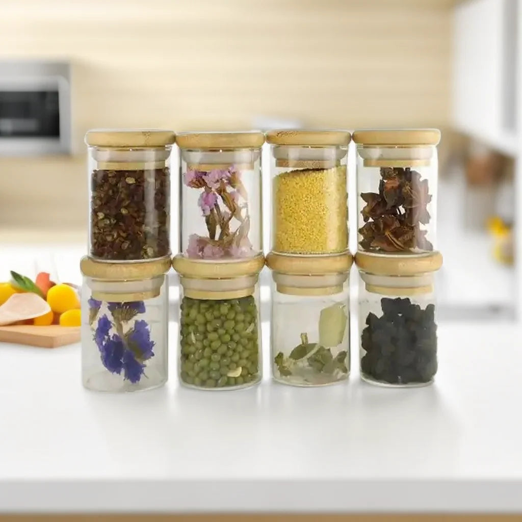 8pcs Set Airtight Leakproof Food Kitchen Spice Coffee Pasta Honey Storage Borosilicate Glass Jar Container Bamboo Wooden Lid