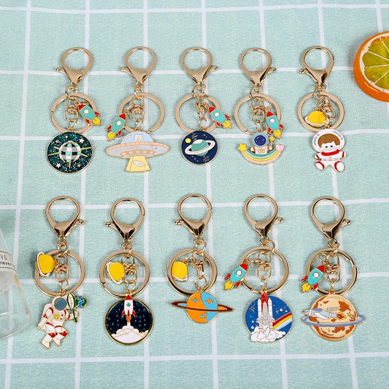 Cartoon UFO Space Craft Astronaut Rocket Planet Spaceman Universe Star Plane Key Ring Keychain for Astrophile Bag Charms