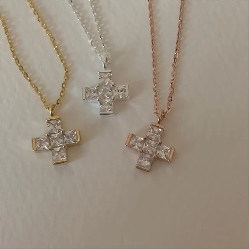 Square White Diamond Pendant Fine Jewelry 925 Sterling Silver Cross Necklace for Women