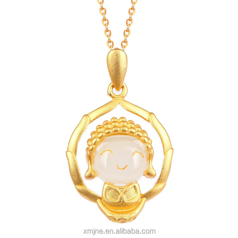 Certified S925 Silver Ancient Method Gold Inlaid Jade Natural Hetian Jade White Jade Inlaid Small Novice Buddha  Necklace