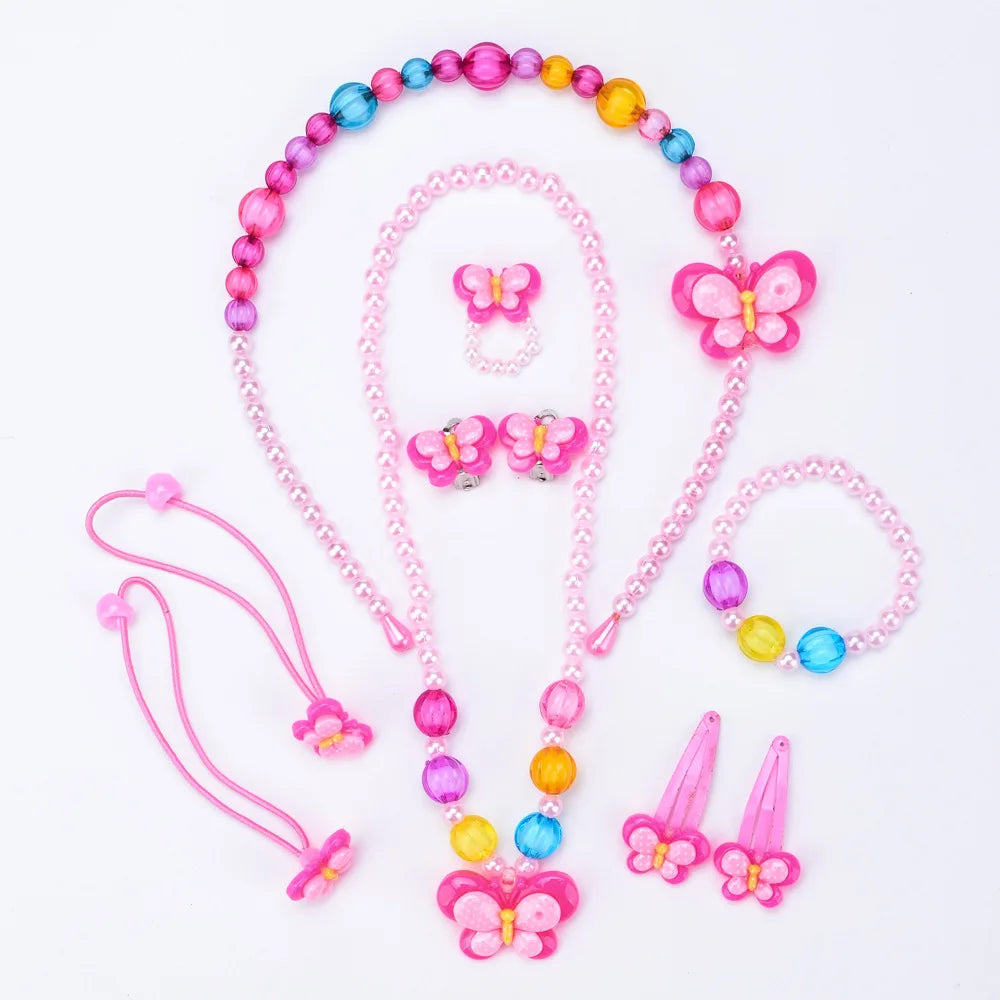 Beaded Children's Necklace Jewelry Set Chain Kids Jewelry Set Animals Pearl Cute Butterfly Rabbit Cartoon Plastic Pink
