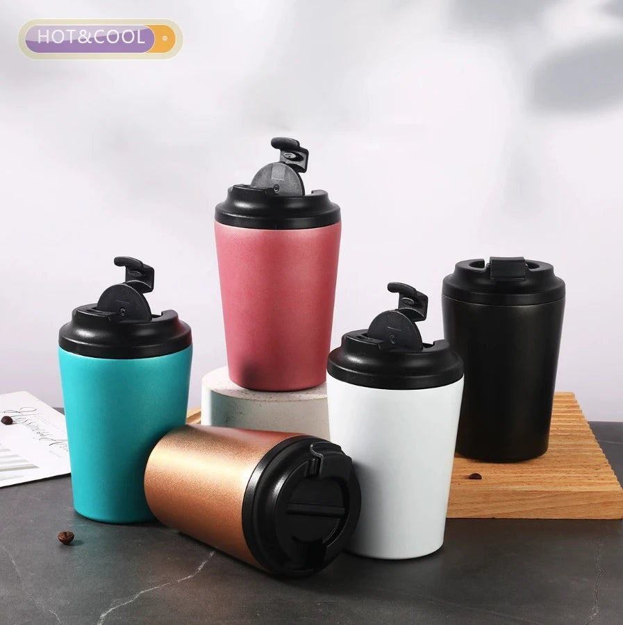 380ml Double Wall Powder Coating Insulated Coffee Mugs Stainless Steel Tumbler Five Colors Leakproof