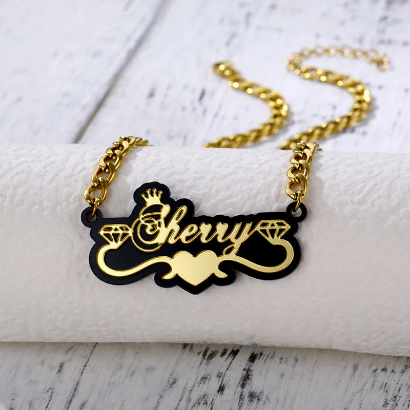 Double-layer Electroplating Custom Acrylic Name Necklace European and American Heart-shaped Crown Ladies Pendant for Daily Wear