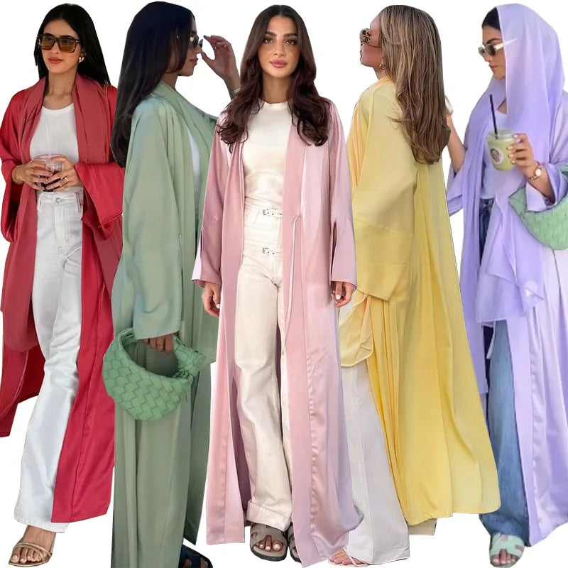 MQ122 Modest Dress Top Coat Eid Al-Adha Robe Turkey Islamic Clothing Kimono Open Abaya Muslim Satin Slamic Clothing