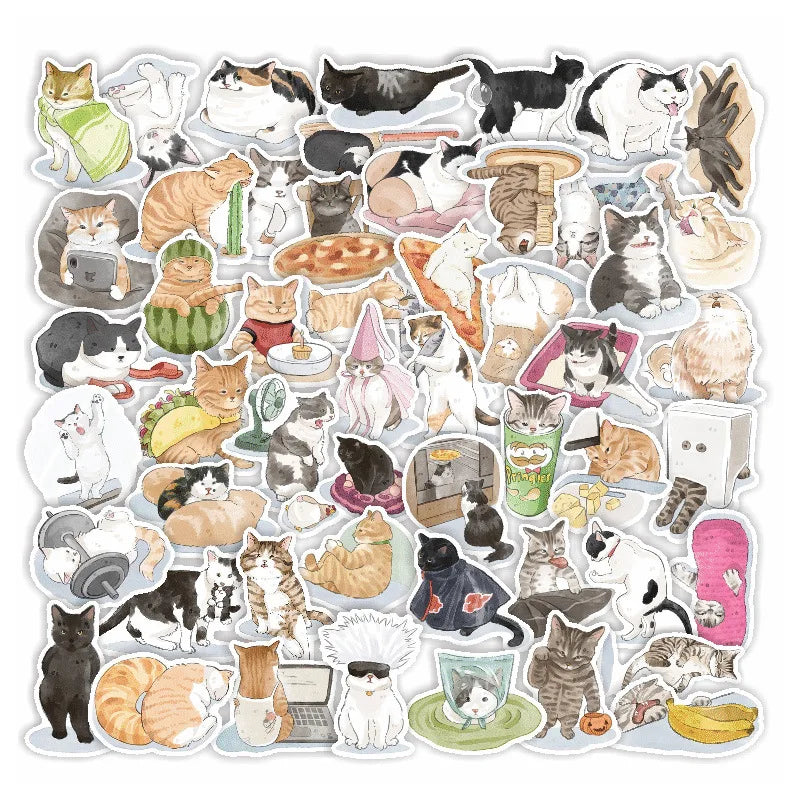 52Pcs Cute Funny Cat Meme Illustration Decorative Stickers for Laptop Luggage Notebook Waterproof Hand Account Sticker