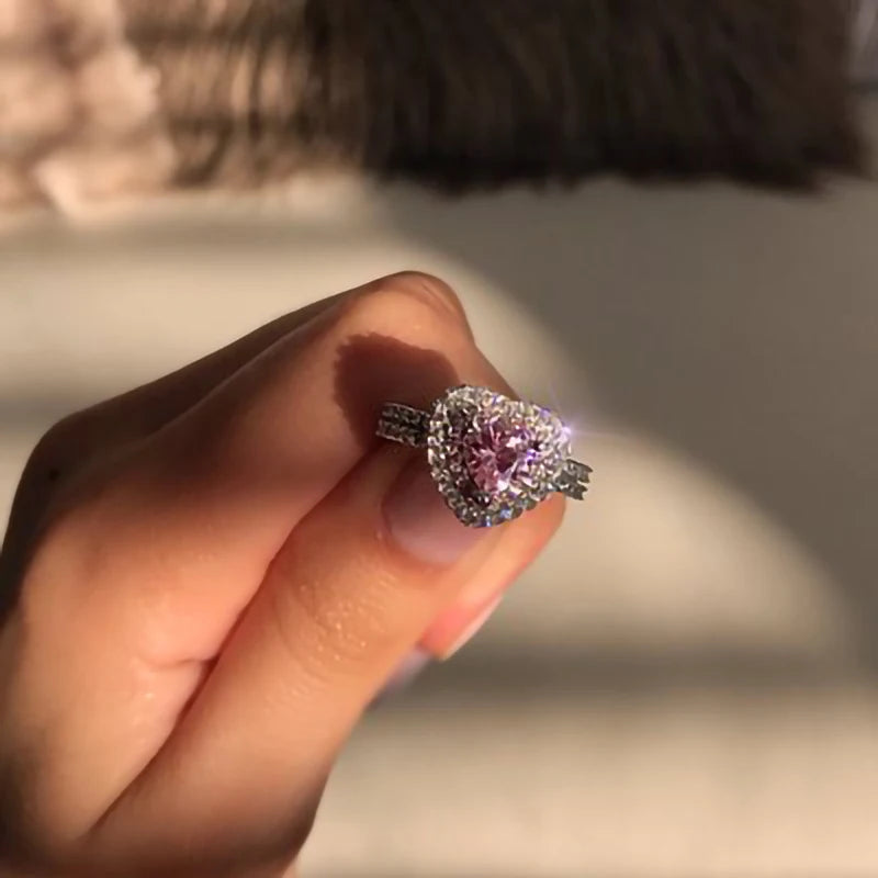 RisingMoon Full Diamond Heart Finger Rings Shiny Pink CZ Crystal Love Heart Wedding Ring