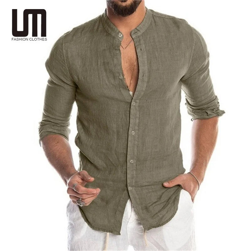Liu Ming Oem New Years Autumn Men s Solid Color Linen Long Sleeve Button up Collar Plus Size Tops Shirts