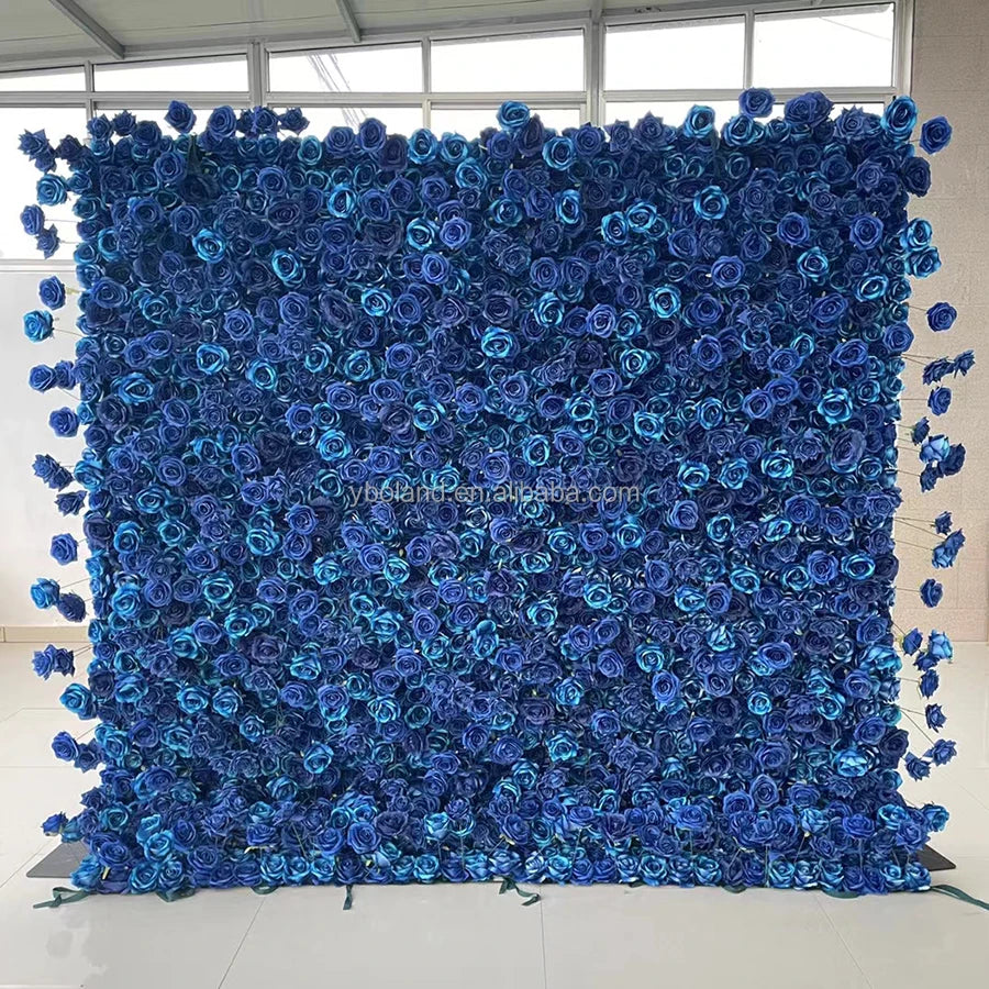 Royal Blue Floral Wall Backdrop Panel 3D 5D Roll up Fabric Artificial Silk Rose Flower Wall for Wedding Stage Background Decor