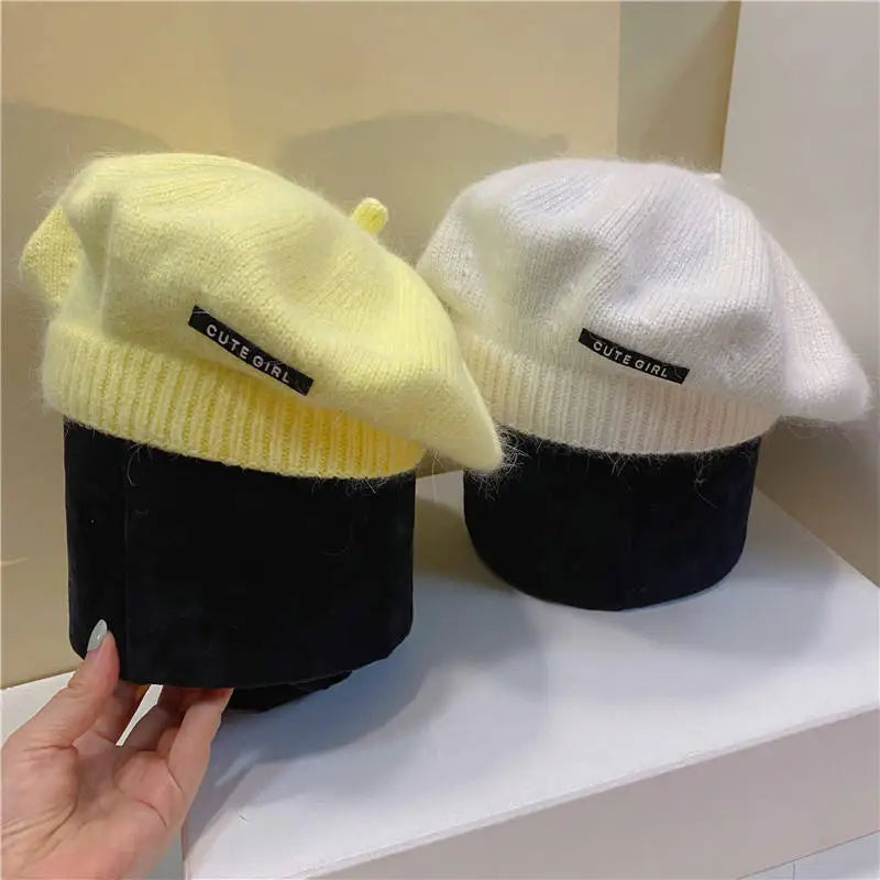 Autumn Winter Women's Large Size Woolen Beret Rabbit Fur Elasticated Edge Knitted Hat Fashionmonger Painter Cap Fishing Skiing