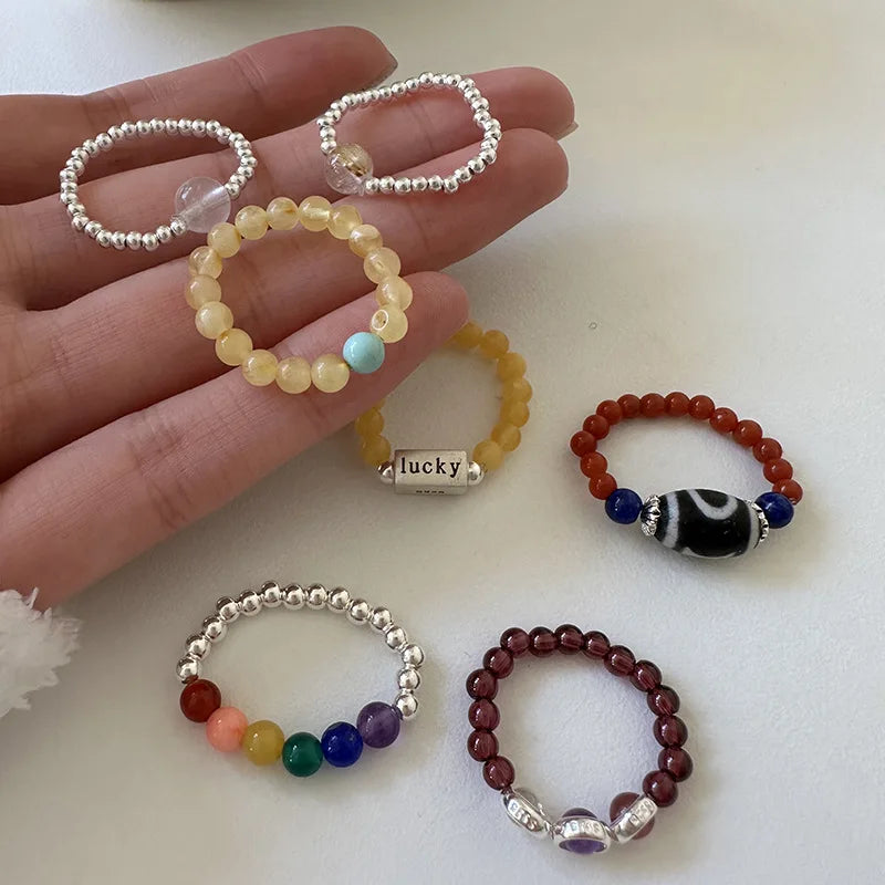 Fine Jewelry Color Gemstone Ring 925 Sterling Silver Beaded Elastic Ring
