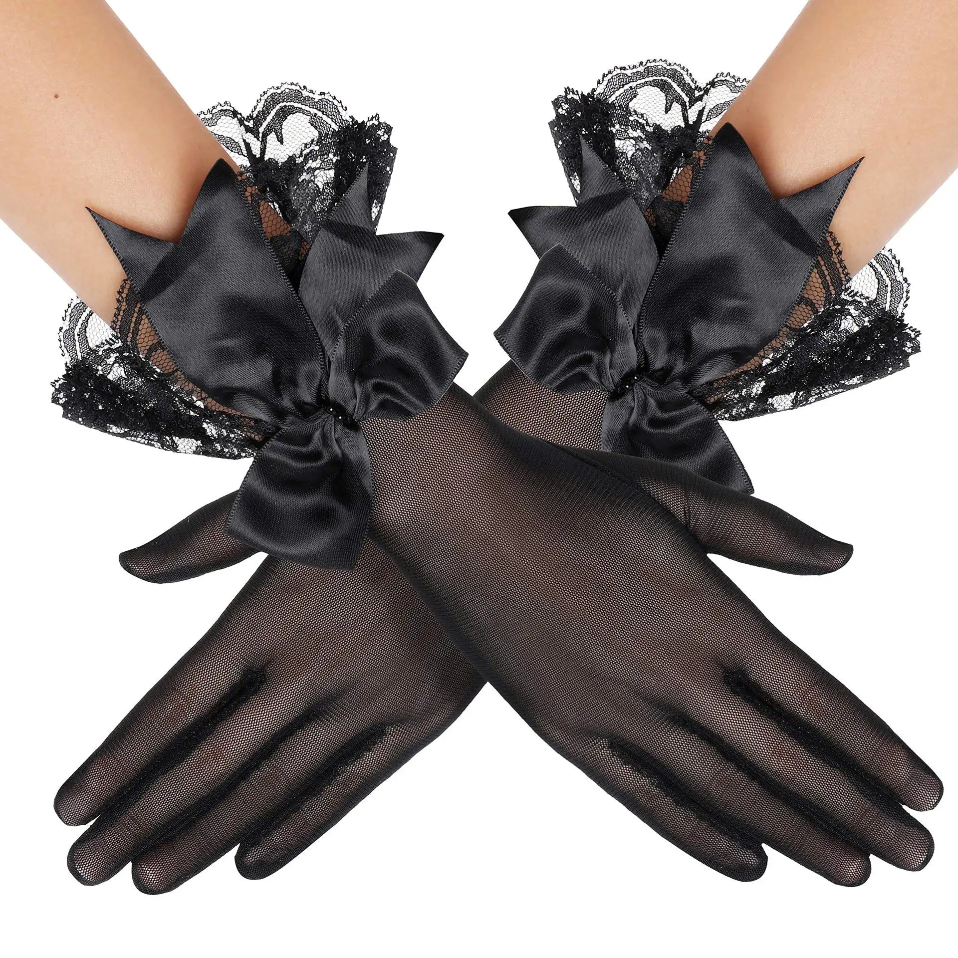 MIO Elegant Women Summer Short Wedding Party Mittens UV Protection Wrist Gloves Vintage Black Bow Tie Mesh Gauze Lace Gloves