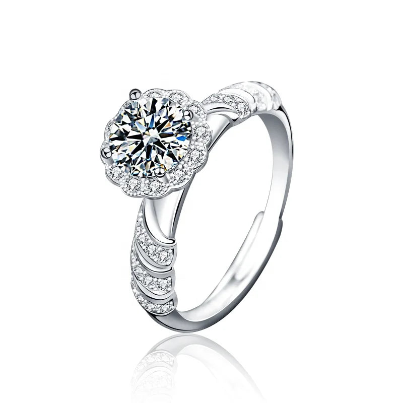 XJA008 S925 Sterling Silver Jewelry Professional 1 Carat Fashion Flower Moissanite Diamond Gemstone Engagement Adjustable Rings
