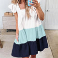 S-XXL Women's New Dress Double Layered Color Blocking square Neckline Mini Length Swing Skirt
