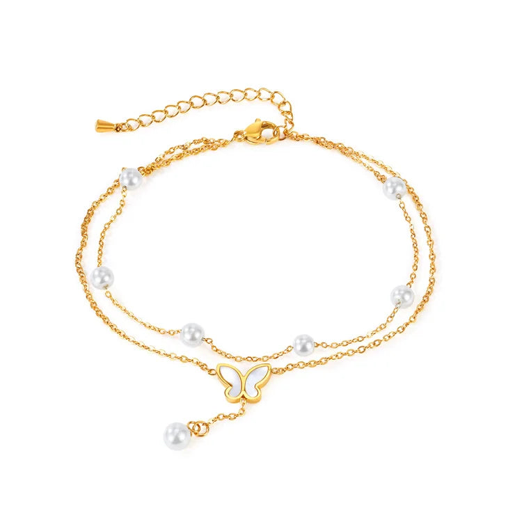 Ins Popular Stainless Steel Pearl Charm Double Layer Chain butterfly Charm Anklet