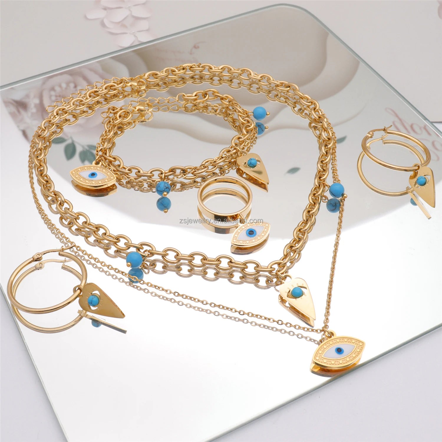 Necklace Bracelet Earrings Blue Stone Girl Costume Design Jewelry Evil Eye Sets Gold Stainless Steel Plated Women Geometric