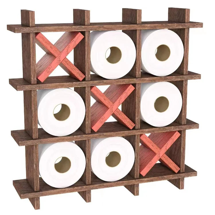 Rustic Polished Wooden Toilet Paper Holder Tic Tac Toe Design Eco-Friendly Wall Mounted Freestanding Bathroom Tissue Roll