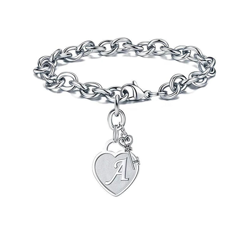 Heart Initial Bracelets for Women Gifts - Engraved 26 Letters Initial Charms Bracelet Stainless Steel Link Bracelet Chain MegaBDM