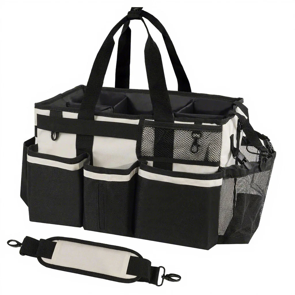 All-in-One Cleaning Organizer with 4 Dividers Heavy-Duty Bag with Shoulder Strap for Car Wash Housekeeping Outdoor Cleaning