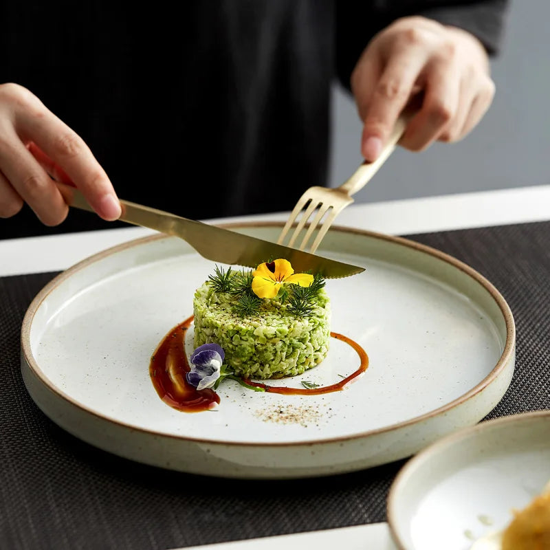 Japanese Style Eco-Friendly Ceramic Dinnerware Sesame Point Design Microwave and Oven Safe Plates for Serving Dinner Foods