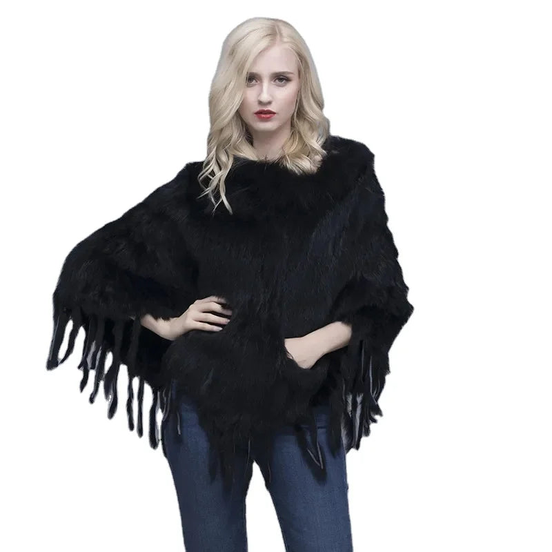 MWfur Fashion Season Rabbit Fur Cape With Tassels and Pocket Fashion Winter Women Full Fur Rabbit Fur Cloak Women Hand Knitted