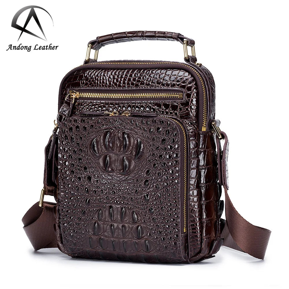 Andong Men Genuine Cow Leather Shoulder Bag for Business Travel Crocodile Pattern Crossbody Messenger Bags Handbag Man