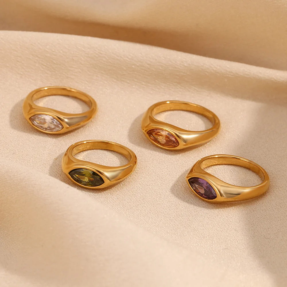 G3808 Wholesale 18K Gold Plated 316L Stainless Steel Marquise Cut Zircon Stamp Ring for Women Simple Fashion Jewelry Rings