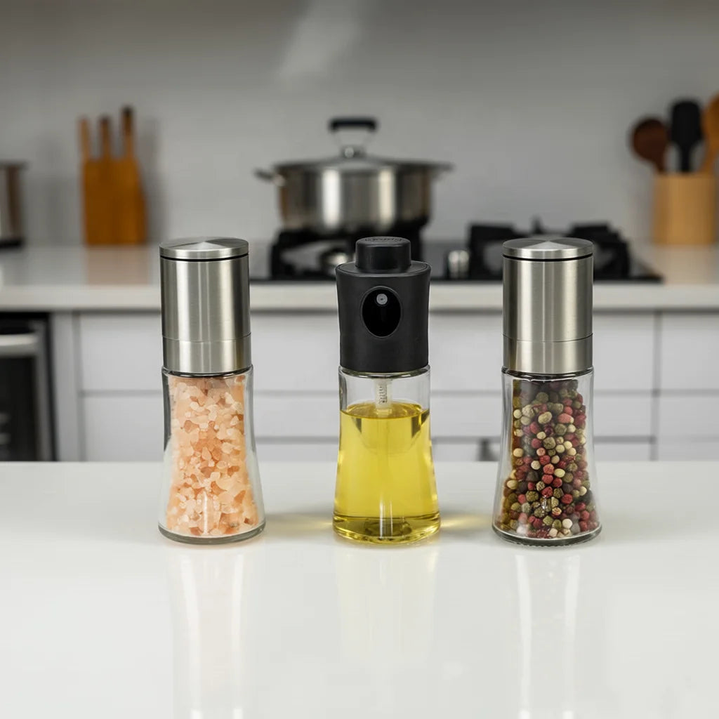Mini Plastic Cooking Glass Olive Oil Sprayer Bottle With Salt Pepper Grinder Mill MegaBDM