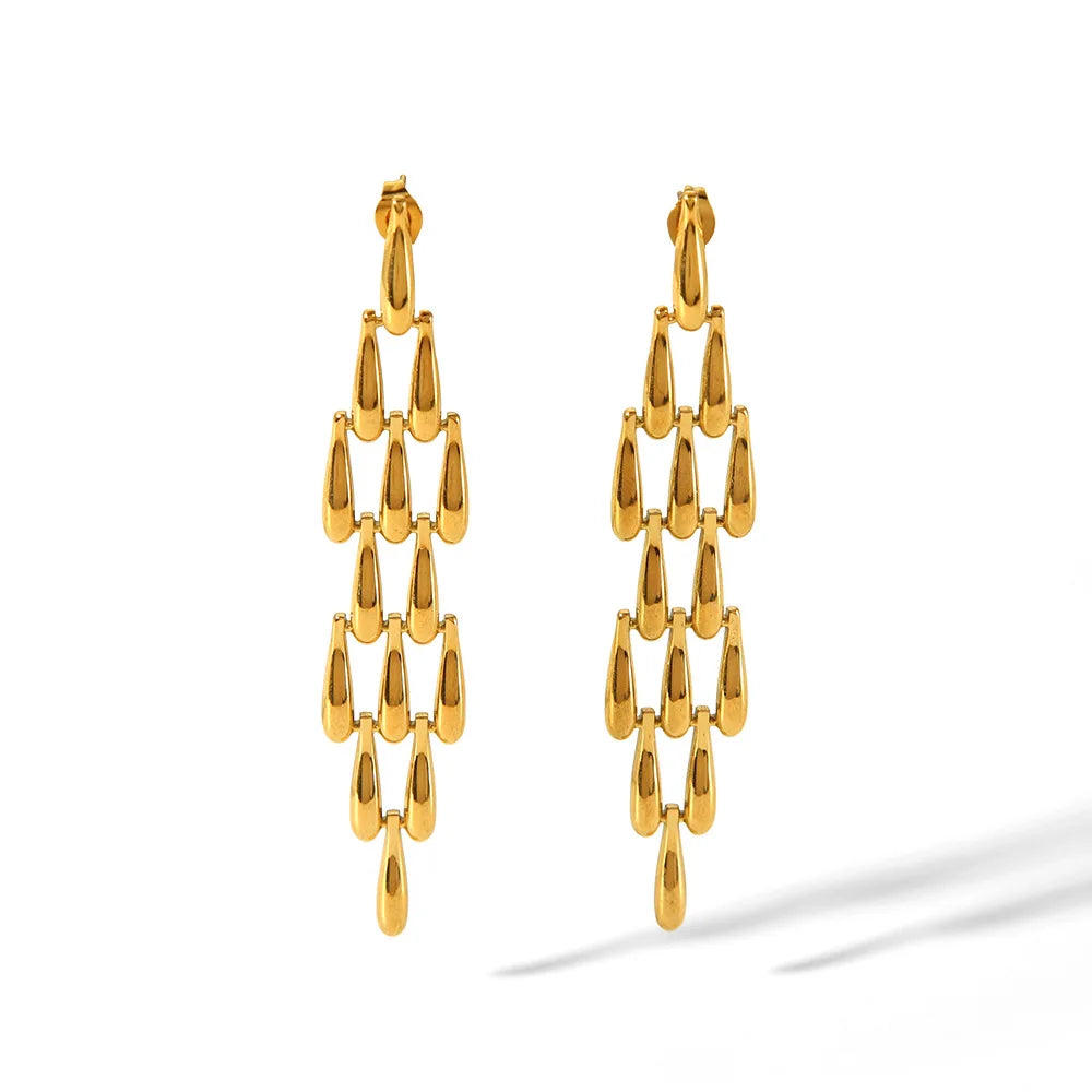 Stainless Steel Elegant Long Dangling Tassel Fringe Chain Earring Waterproof Dangle Drop Stud Earrings