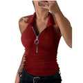 Women's Retro Design Vest for Spring Summer Solid Color Printing Turn-Down Zipper Collar Casual Europe Fashion Anti-Pilling