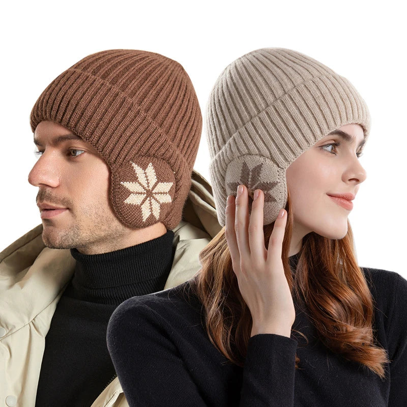 Geehu Unisex Vintage Add Fur Lined Winter Knitted Beanie with Earflap Fashion Men Women Outdoor Travel Keep Warm Cap