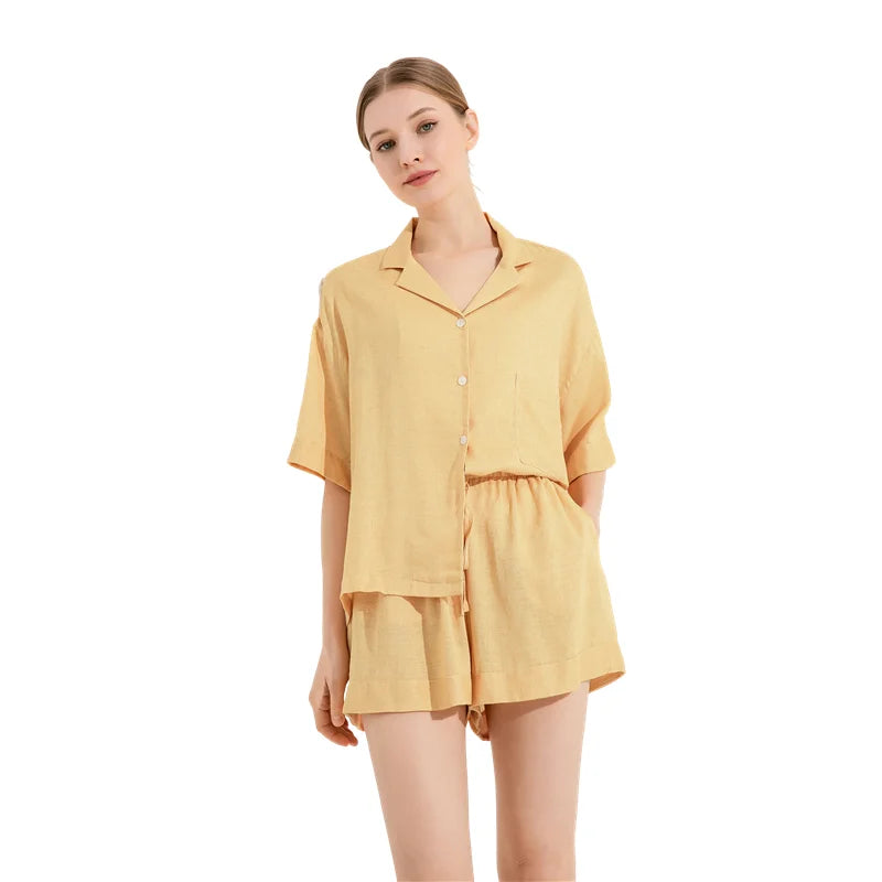 Fung 6052 New Design Oversized Ladies Pyjamas Two Pieces Summer Women Sleepwear Blend Linen Pajamas Set