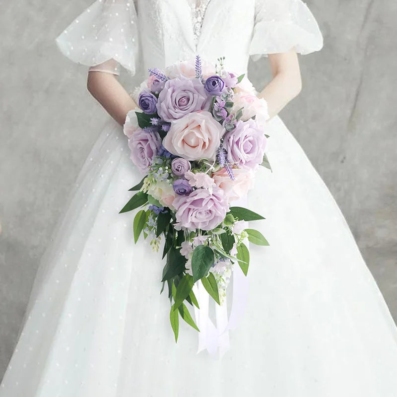 Teardrop Cascading Wedding Bouquets Artificial Faux Rose Flowers Waterfall Wedding Bouquet Bridal